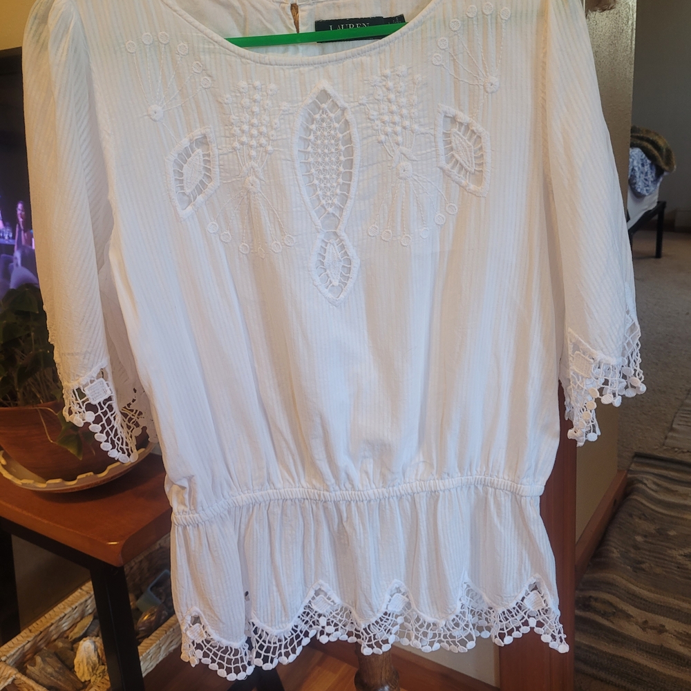 Ralph Lauren, White Lace Trim Blouse, L